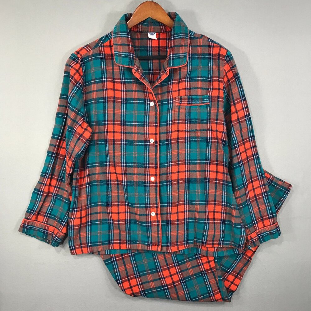 Old Navy Pajama Set Women's Large Green Plaid Lounge 2-Piece Flannel Sleepwear
